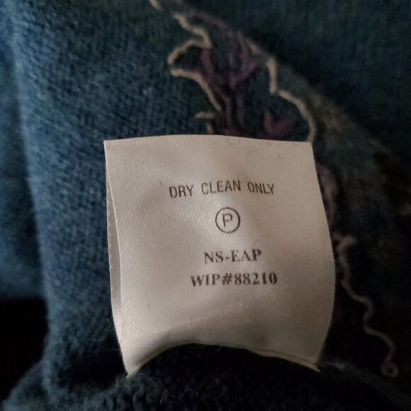 Woolrich Womens Wool V Neck Sweater L Floral Embroidered Teal Blue Gray - Picture 6 of 8